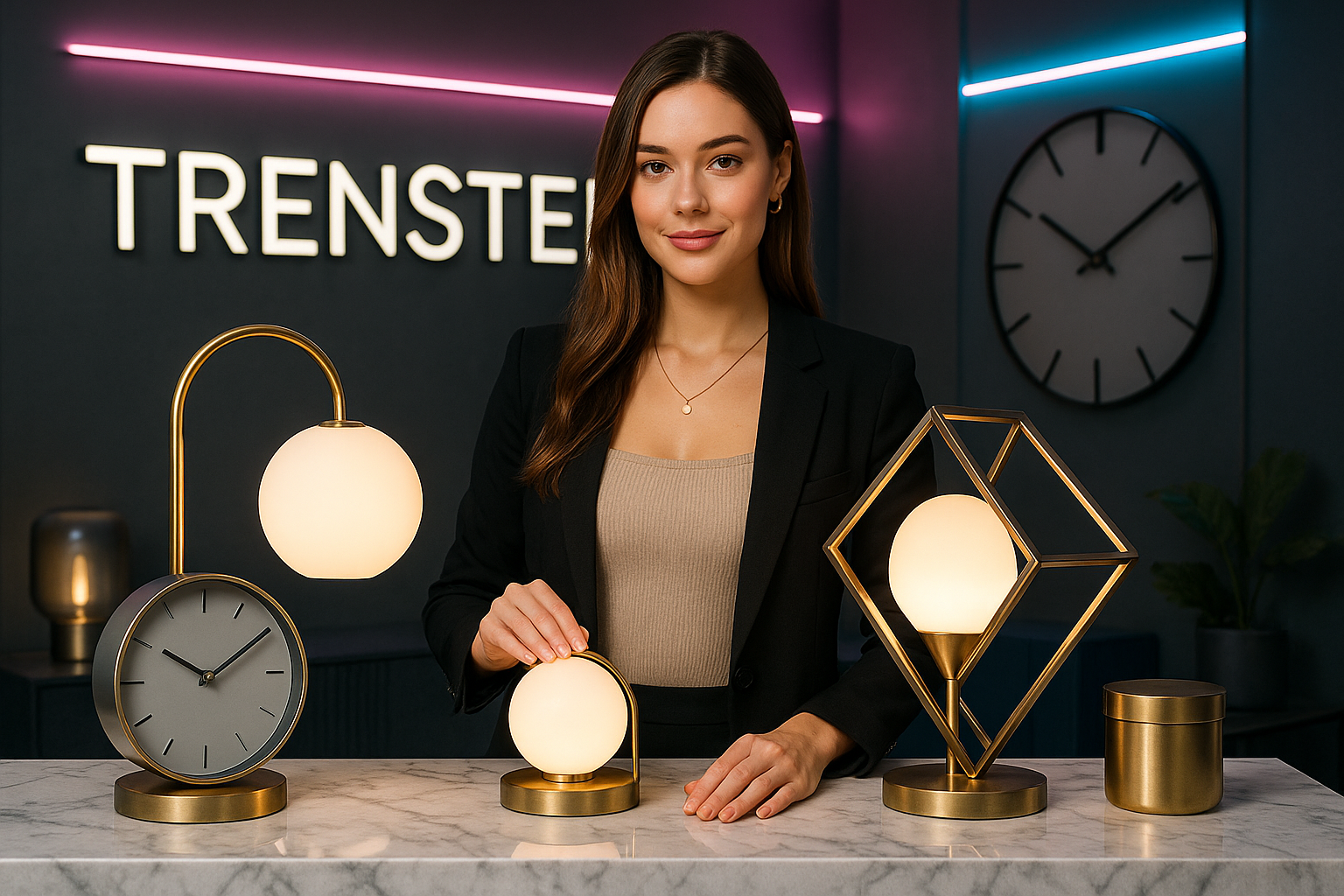 give me the image where  a beautiful and atractive girl stand in a genz eniroment like in a trendy and cool enviroment where she displayed and advertise my products in which trendy table lamps wall clocks and table top which looks trendy and cool also the lady promote the trenster name the image should be in ultra hd 4k resolution which looks real also the image looks trusty and make a satisfaction to my customers make it luxury and expensive